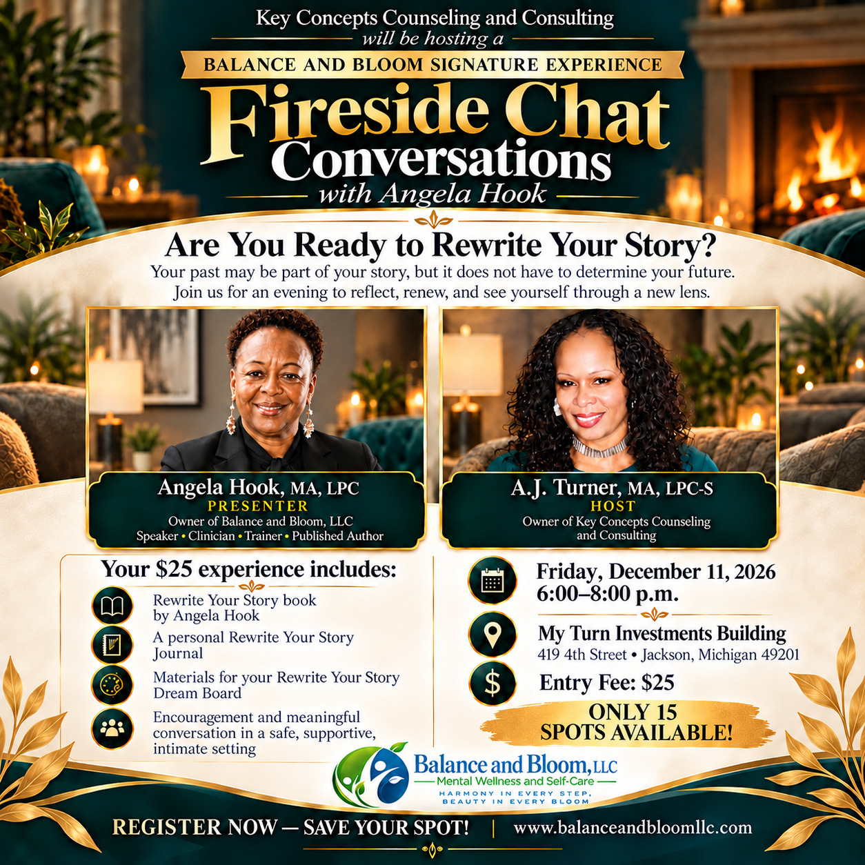 Key Concepts Counseling and Consulting hosts a Balance and Bloom Signature Experience: Fireside Chat Conversations with Angela Hook
