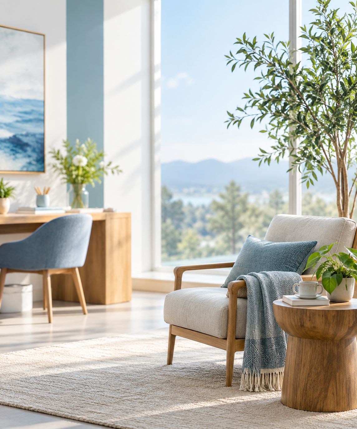 A calm, welcoming wellness space filled with natural light and greenery
