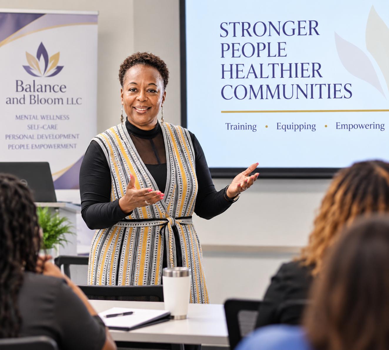 Angela Hook leading a Balance and Bloom wellness workshop